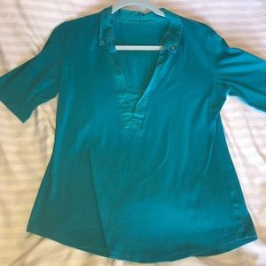 New York & Co Green/Blue Collared 3/4 Length Top